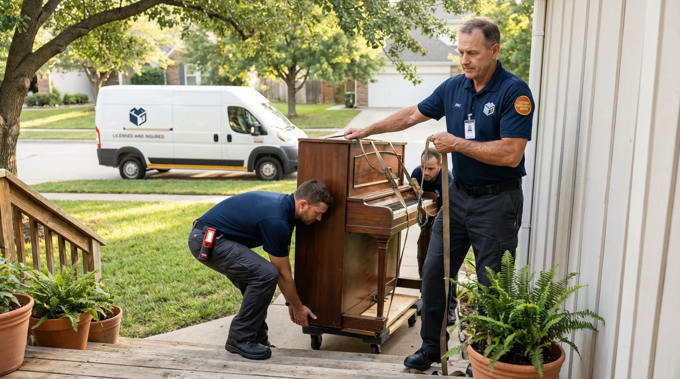 Licensed piano movers securing grand piano in Oak Creek, WI