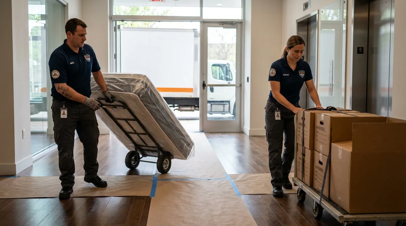 Professional apartment movers loading elevator in Oak Creek, WI
